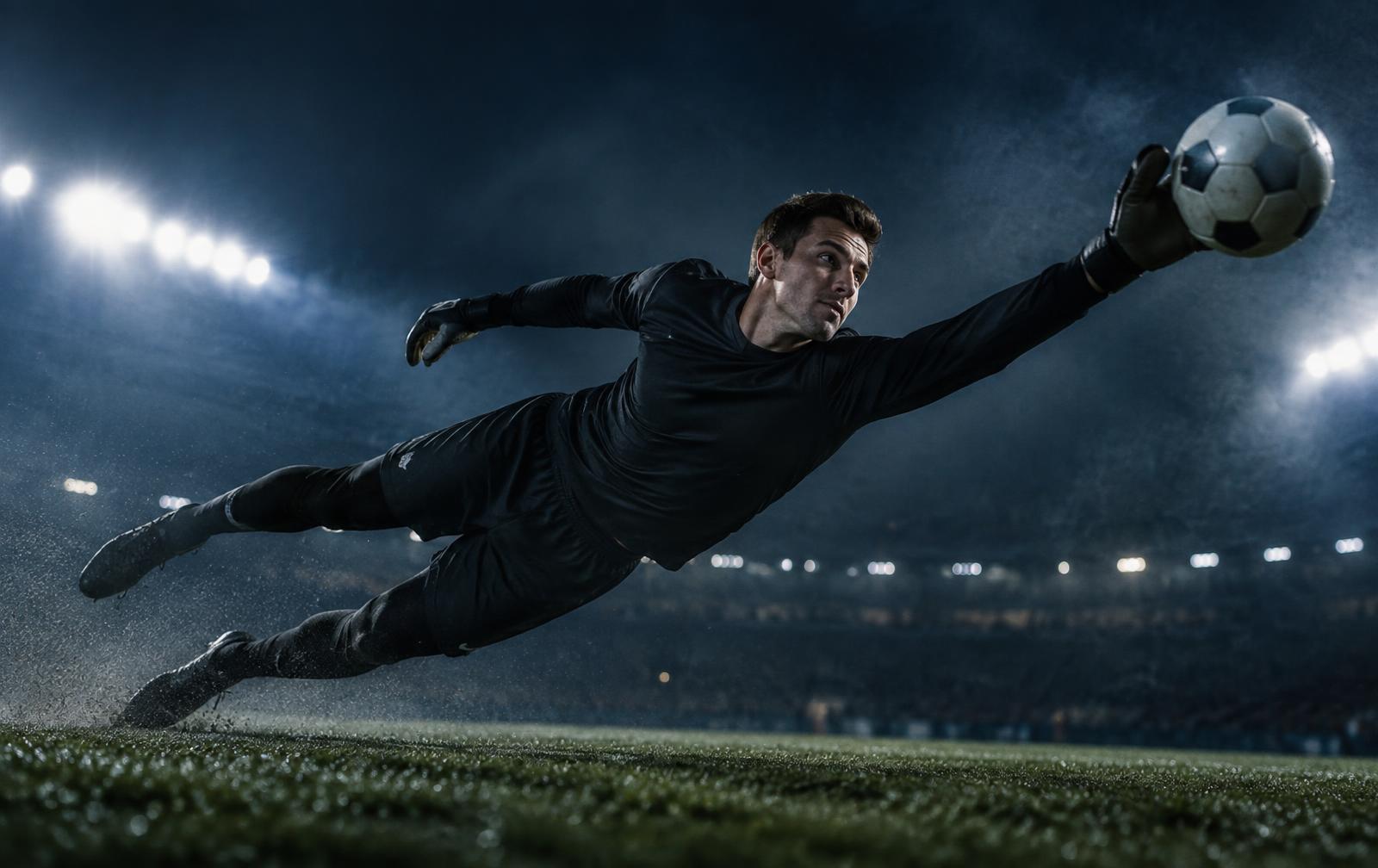 Young goalkeeper diving to save a shot under floodlights